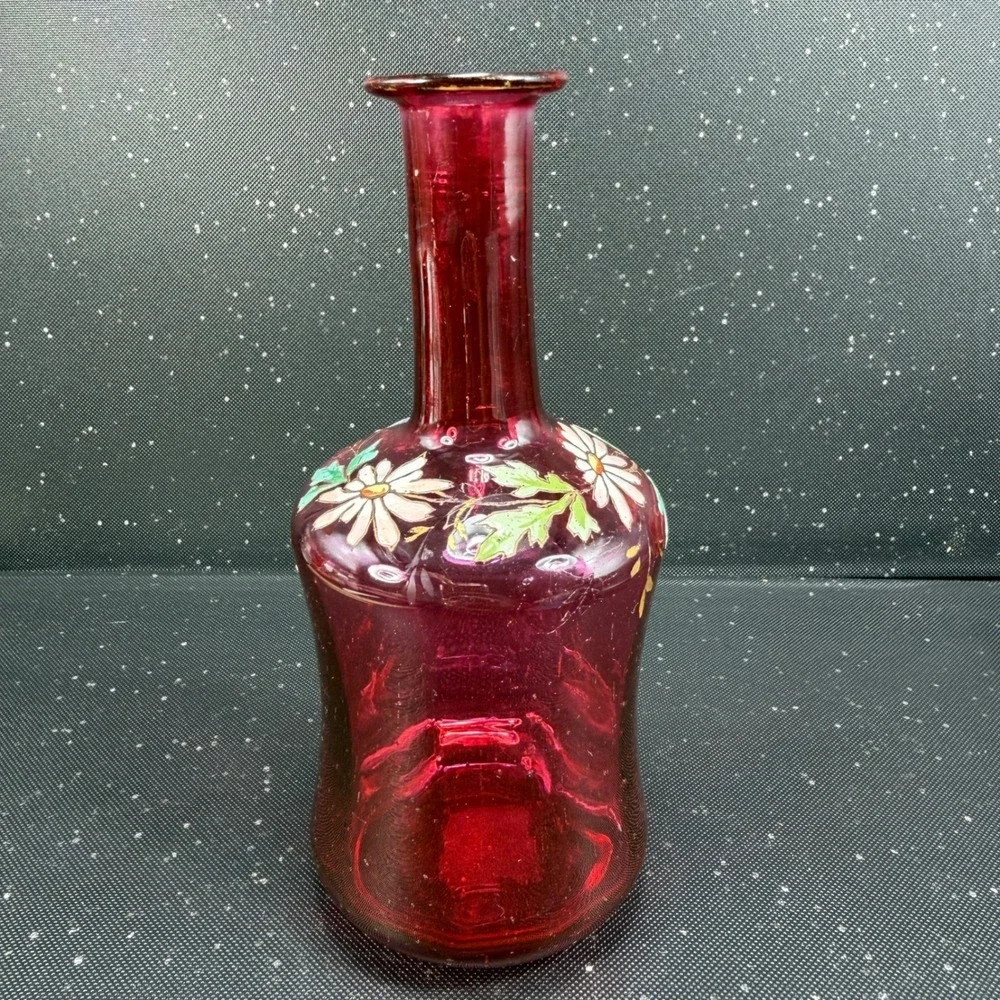 Antique Cranberry Glass Bud Vase Hand Painted Enamel Daisy Ruby Red 6.5inch